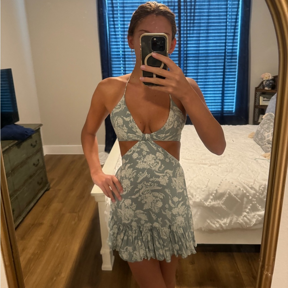 Sage Green Floral Mini Dress with cut outs